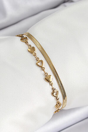 316L Çelik Gold Renk Kalpli Zincir Ve İtalyan Zincirli 2'Li Kadın Bileklik