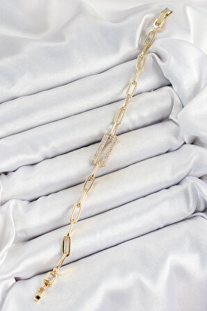 Pirinç Dikdörtgen Model Zirkon Taşlı Gold Renk Vi̇p Seri Kadın Bileklik