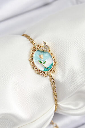 316L Çelik Zincir Mineli Sanatsal Portre Zirkon Taşlı Detaylı Çiçek Model Gold Renk Kadın Bileklik