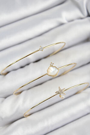 Pirinç Zirkon Taşlı İstiridye Ve Deniz Yıldızı Model Gold Renk Vip 3'Lü Kadın Bileklik