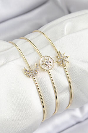 Pirinç Zirkon Taşlı Ay Ve Kutup Yıldızı Model Gold Renk Vip 3'Lü Kadın Bileklik