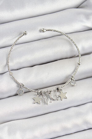 Pirinç Zirkon Taşlı Ve Yıldız Model Gümüş Renk Charm Bileklik