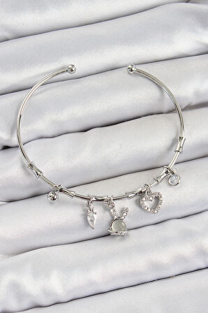 Pirinç Zirkon Taşlı Tavşan Ve Kalp Model Gümüş Renk Charm Bileklik