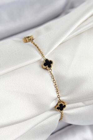 316L Çelik Siyah Sedef Yonca Model Gold Renk Kadın Bileklik