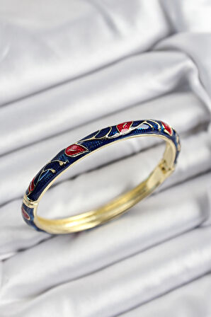 Mineli Pirinç Kırmızı Ve Lacivert Yaprak Motifli Gold Renk Kadın Kelepçe