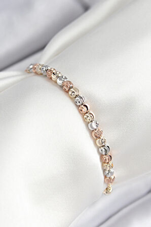 Pirinç Sıralı Boncuk Model Gold Gümüş Roz Renk Asansörlü Kadın Bileklik