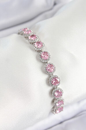 Pirinç Pembe Zirkon Taşlı Daire Baget Model Gümüş Renk Vip Seri Kadın Bileklik