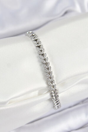 Pirinç Zirkon Taşlı Sıralı Yaprak Model Gümüş Renk Kadın Bileklik