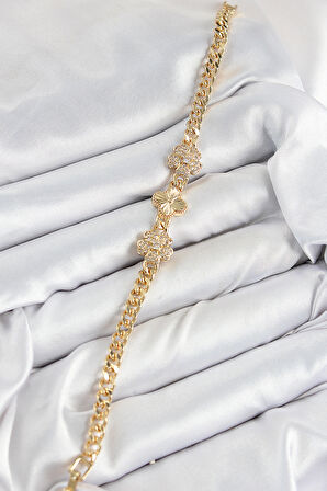 Pirinç Zirkon Taşlı Yonca Model Gold Renk Kadın Bileklik