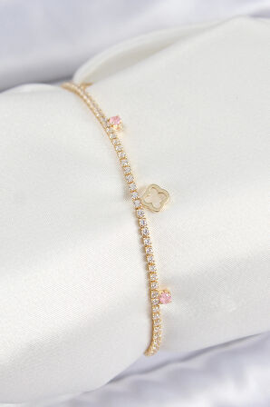 Pirinç Zirkon Taşlı Yonca Model Gold Renk Kadın Bilekilk