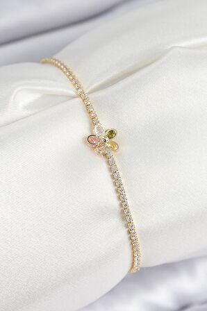 Pirinç Zirkon Taşlı Papatya Model Gold Renk Kadın Bilekilk