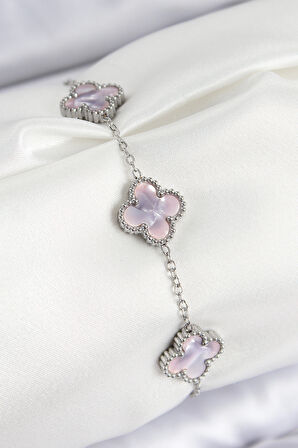 316L Çelik Sedefli Lila Gümüş Renk Yonca Kadın Bileklik