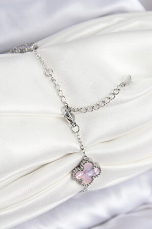 316L Çelik Sedefli Lila Gümüş Renk Yonca Kadın Bileklik