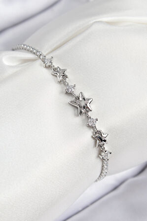 Pirinç Zirkon Taşlı Yıldız Model Gümüş Renk Kadın Bileklik