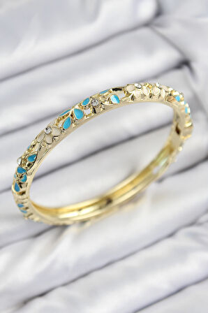 Mineli Pirinç Zirkon Taşlı Turkuaz Krem Çiçek Motifli Gold Kadın Kelepçe