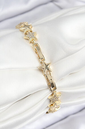 Vip Pirinç Zirkon Taşlı Yıldız Model Gold Renk Kadın Bileklik