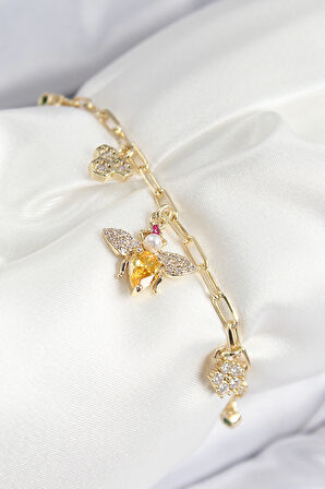 Pirinç Zirkon Taşlı Arı Model Gold Renk Kadın Bileklik