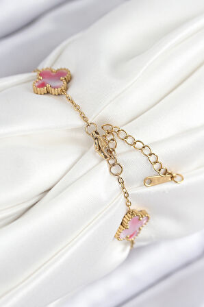 316L Çelik Sedefli Pembe Gold Renk Yonca Kadın Bileklik