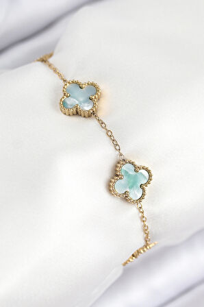 316L Çelik Sedefli Yeşil Gold Renk Yonca Kadın Bileklik