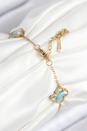 316L Çelik Sedefli Yeşil Gold Renk Yonca Kadın Bileklik