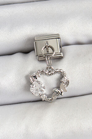 316L Çelik Sallantılı Zirkon Taşlı Kalp Model Gümüş Renk Nomination Charm
