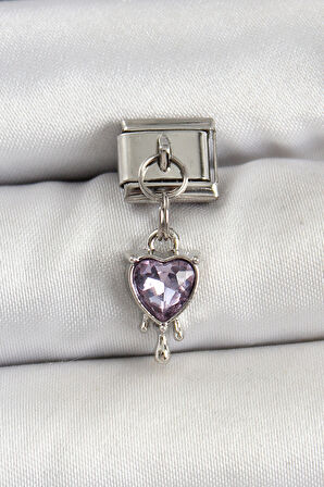 316L Çelik Gümüş Renk Mor Kalp Model Nomination Charm