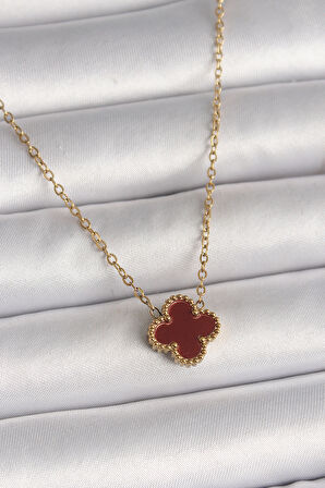 316L Çelik Gold Renk Bordo Yonca Model Kadın Kolye