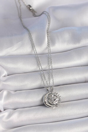 316L Çelik Gümüş Renk Ay Güneş Model Arkadaşlık Kadın Kolye