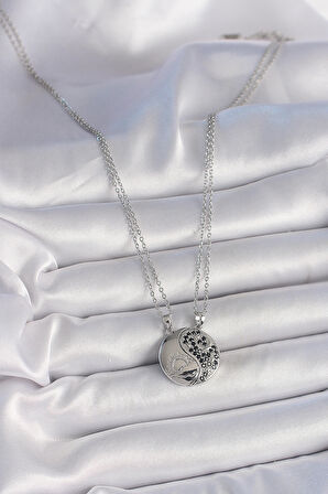 316L Çelik Gümüş Renk Zincir Zirkon Taşlı Ying Yang Model Gün Batımı İşlemeli Arakdaşlık Kadın Kolye