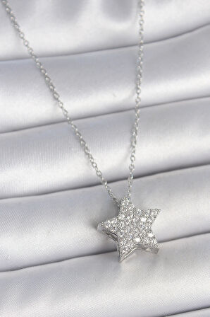 316L Çelik Gümüş Renk Zincir Zirkon Taşlı Yıldız Model Kadın Kolye