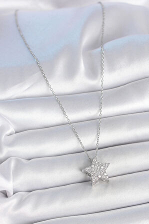316L Çelik Gümüş Renk Zincir Zirkon Taşlı Yıldız Model Kadın Kolye