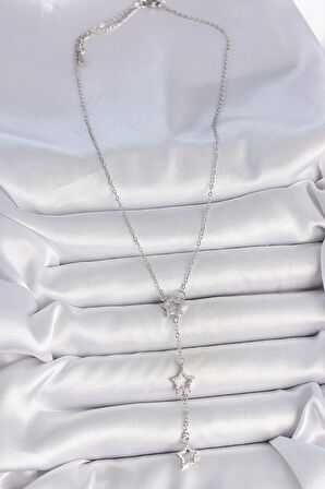 316L Çelik Gümüş Renk Zincir Zirkon Taşlı Yıldız Y Model Kadın Kolye