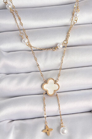 316L Çelik Gold Renk Zincir Beyaz Yonca Figür Sallantı Çiçek İnci Detay Kadın Kolye