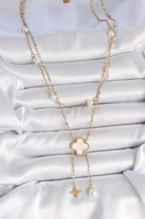 316L Çelik Gold Renk Zincir Beyaz Yonca Figür Sallantı Çiçek İnci Detay Kadın Kolye