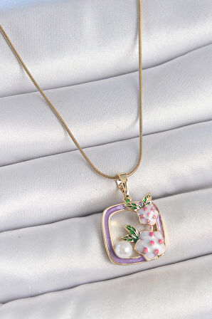 316L Çelik Gold Renk Zincir Mor Mineli Model Çiçek İşlemeli İnci Detay Kadın Kolye