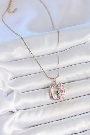 316L Çelik Gold Renk Zincir Mor Mineli Model Çiçek İşlemeli İnci Detay Kadın Kolye