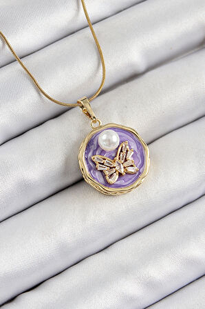 316L Çelik Zincir Zirkon Taşlı Mor Sanatsal Portre İnci Detaylı Model Gold Renk Kadın Kolye