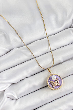 316L Çelik Zincir Zirkon Taşlı Mor Sanatsal Portre İnci Detaylı Model Gold Renk Kadın Kolye