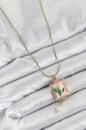 316L Çelik Zincir Pembe Sanatsal Portre Sallantılı İnci Detaylı Lale Model Gold Renk Kadın Kolye