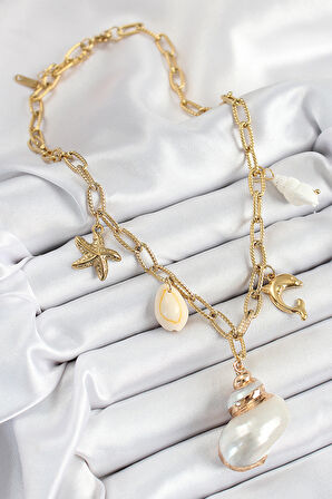 316L Çelik Gold Renk Deniz Kabuğu Ve Yıldızı Konseptli Kadın Kolye