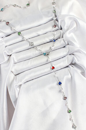 Pirinç Gümüş Renk İncili Zirkon Taşlı Kalpli Y Kadın Kolye