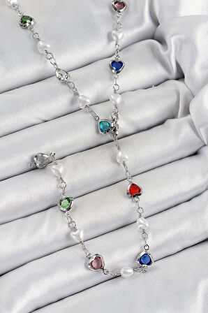 Pirinç Gümüş Renk İncili Zirkon Taşlı Kalpli Y Kadın Kolye