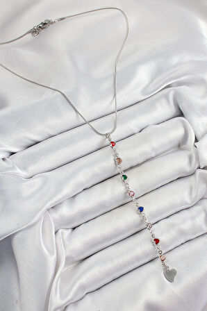 Pirinç Gümüş Renk Karışık Renk Zirkon Taşlı Kalpli Y Kadın Kolye