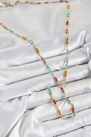 Pirinç Renkli Zirkon Taşlı Dikdörtgen Model Gold Renk Kadın Y Kolye