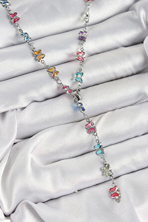 Pirinç Renkli Zirkon Taşlı Model Gümüş Renk Kadın Y Kolye