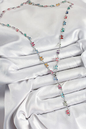 Pirinç Renkli Zirkon Taşlı Model Gümüş Renk Kadın Y Kolye