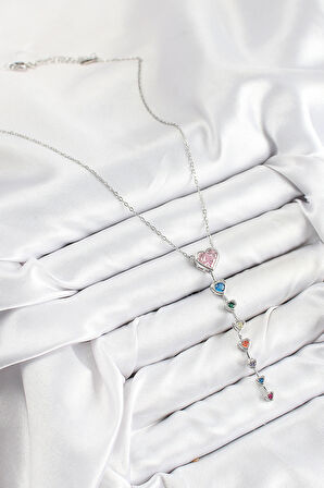 Pirinç Renkli Zirkon Taşlı Kalp Model Gümüş Renk Kadın Y Kolye