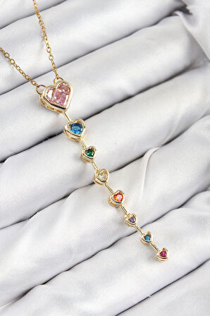 Pirinç Renkli Zirkon Taşlı Kalp Model Gold Renk Kadın Y Kolye