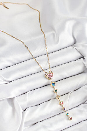 Pirinç Renkli Zirkon Taşlı Kalp Model Gold Renk Kadın Y Kolye