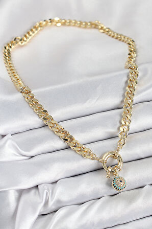 Pirinç Zirkon Taşlı Nazar Boncuk Detaylı Klasik Zincir Model Gold Renk Kadın Kolye